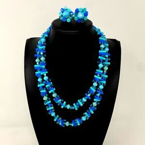 RARE Vintage 1950's WEST GERMANY Blue Beaded Necklace Earring Set Acrylic Brass